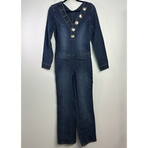 VINTAGE Fubu Jumpsuit Womens 8 Blue Denim Jumper‎ Dark Streetwear Y2K Hip Hop